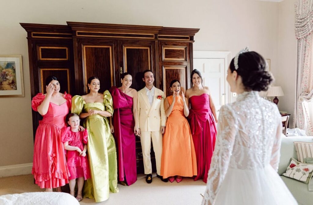 Detailed bridesmaid dress fitting at the Nice Alter tailoring studio.